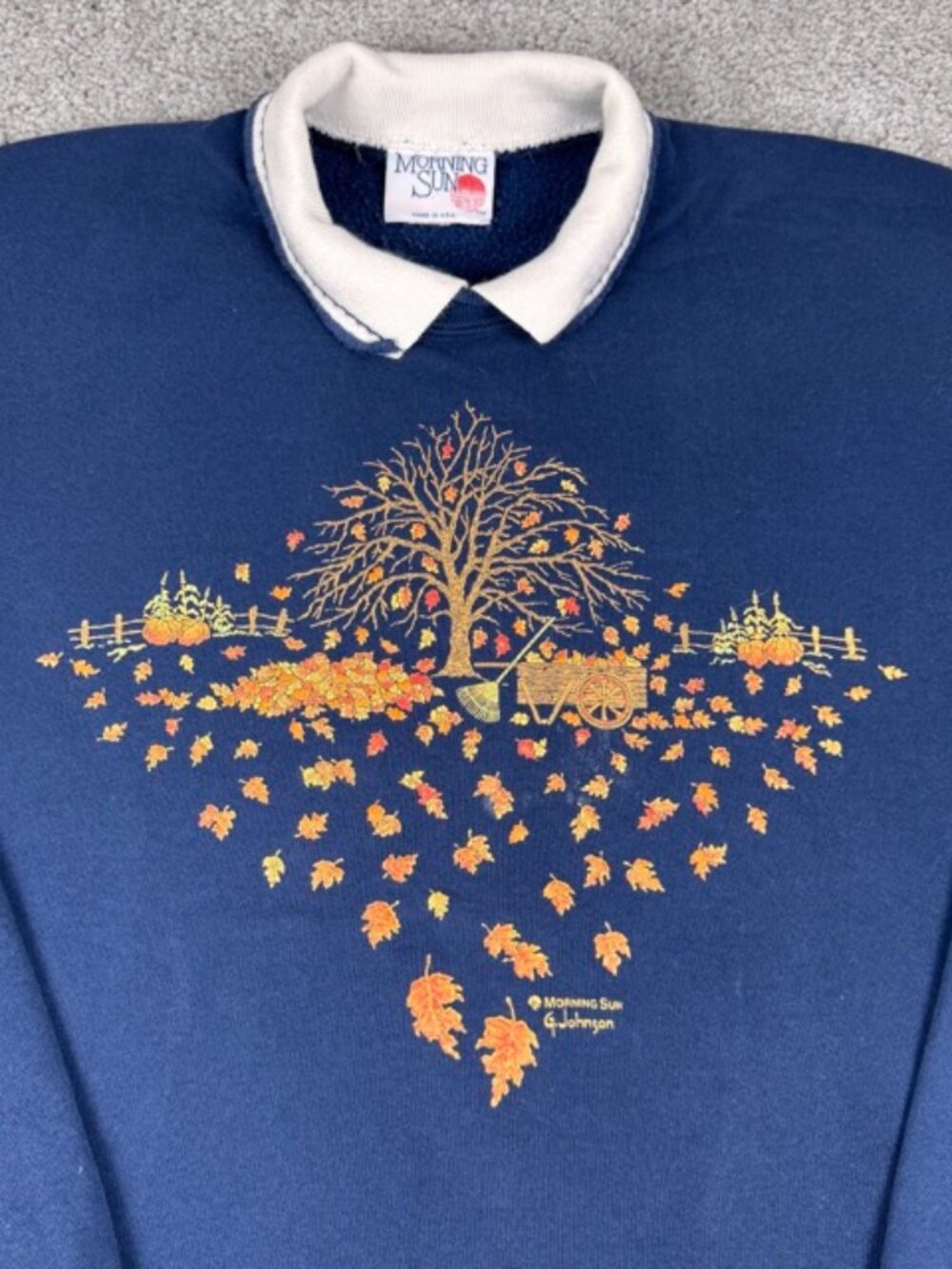 Vintage Morning Sun 90s Fall Leaves Collar Sweatshirt Grandma Cottage Core Sz XL